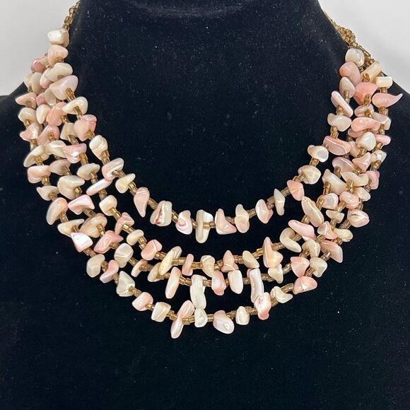 Vtg MOP Shell Chip Beaded Necklace Womens Pink Cream Adjustable 4-Strand Layered - Picture 1 of 6